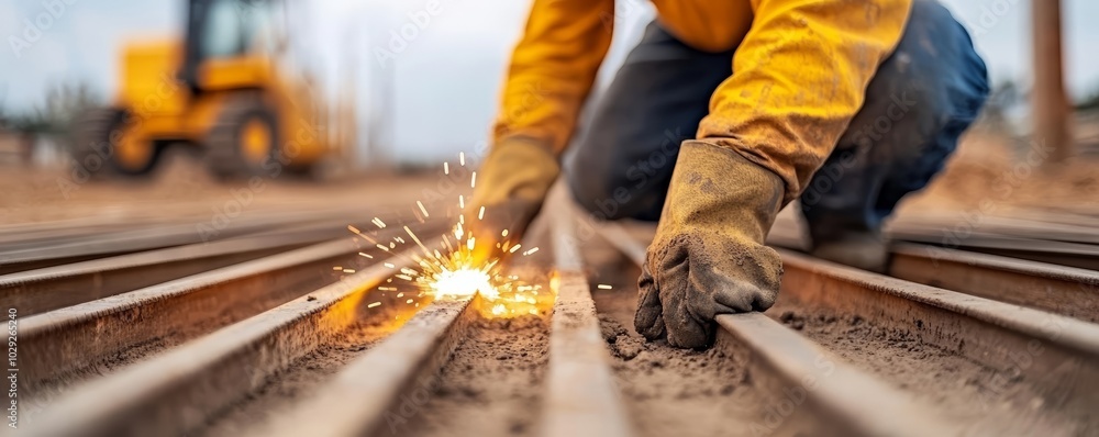 Skilled construction worker in protective gear expertly using a cutting torch to precisely cut through heavy steel rails on site. Skilled construction worker in protective gear expertly using a cutting torch to precisely cut through heavy steel rails on site.