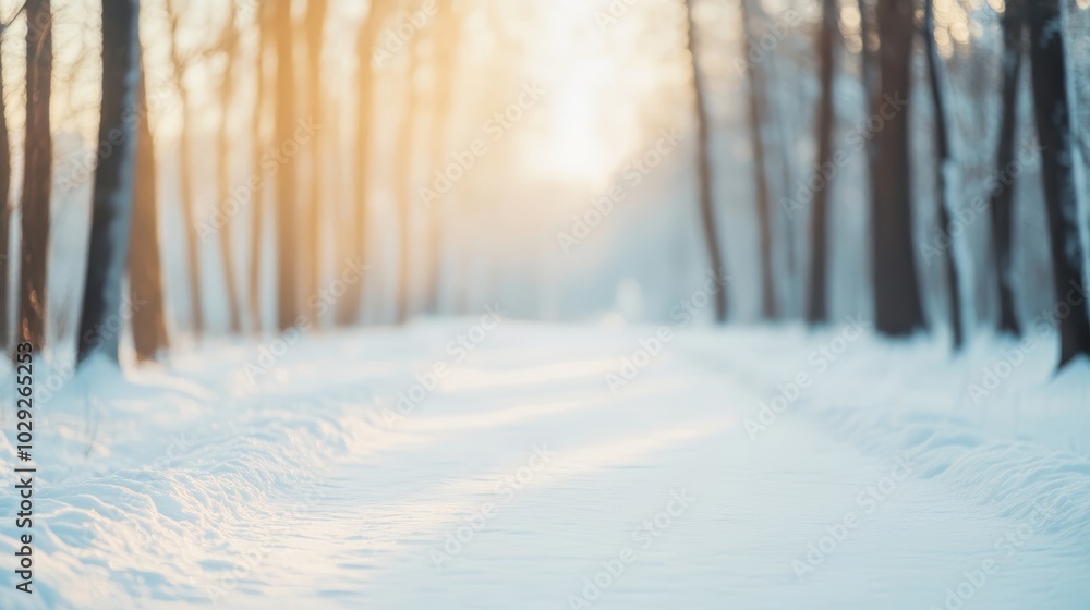 Naklejka premium A Serene Wintry Forest Path Surrounded by Majestic Snow-Covered Trees with Bright Sunlight Filtering Through the Canopy