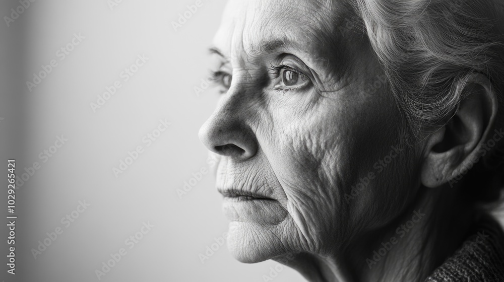 A melancholic monochrome portrait of an elderly woman reflecting on life moments A melancholic monochrome portrait of an elderly woman reflecting on life moments