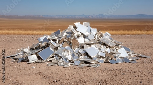 A striking arrangement of mirror fragments scatters across the desert, creating an illusion of continuity with the sky as sunlight bounces off the shiny surfaces