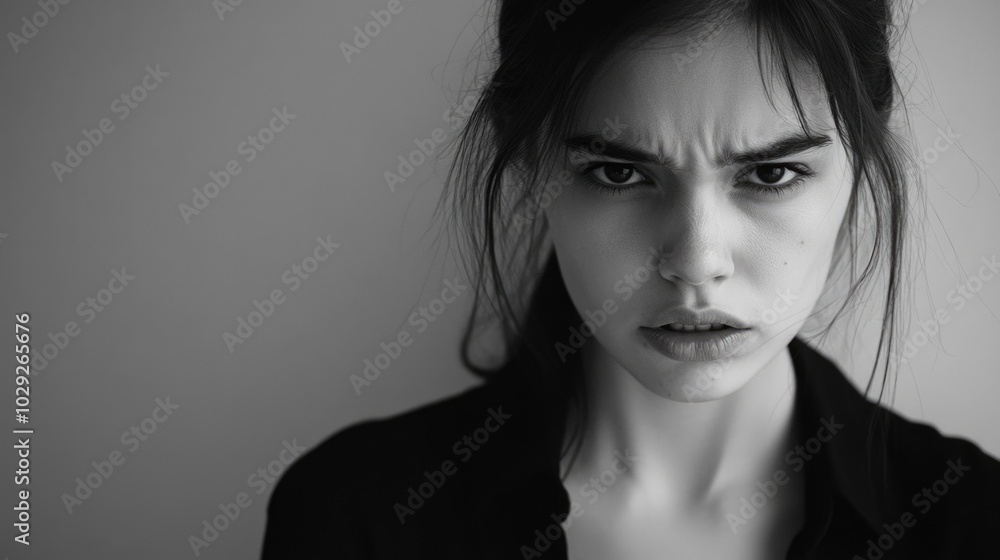 Intense black and white portrait of a furious woman captured with subtle lighting and minimalist design Intense black and white portrait of a furious woman captured with subtle lighting and minimalist design