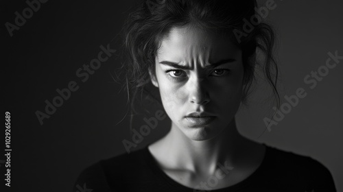 Furious woman captured in intense black and white portrait with sharp focus on emotional expression and subtle lighting