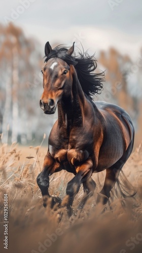 Majestic stallion galloping through an open field, 4K hyperrealistic photo.