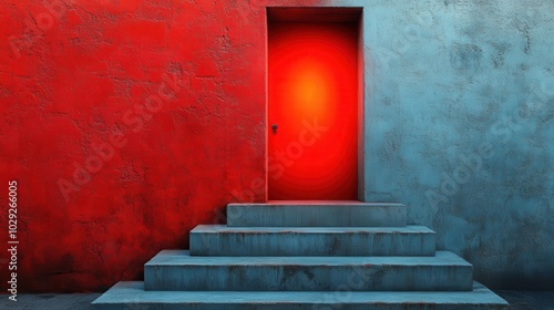 Wallpaper Mural concrete stairs leading to a striking red light doorway stark contrast between the cold industrial steps and the warm inviting glow of the light creating a mysterious and intriguing atmosphere Torontodigital.ca