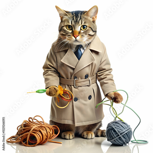 a nervous cat in a detective s trench coat trying photo