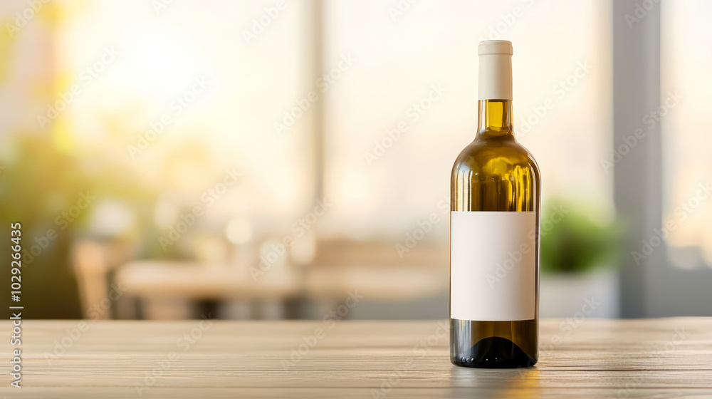 Green wine bottle standing on a wooden table with copy space on the label, blurred restaurant in the background Green wine bottle standing on a wooden table with copy space on the label, blurred restaurant in the background