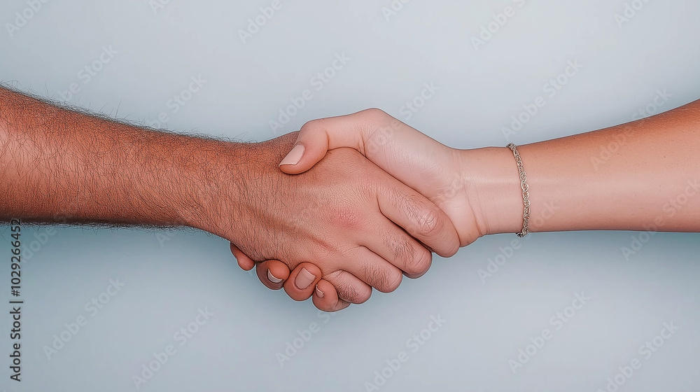 Two hands shaking in agreement, diverse skin tones, partnership Two hands shaking in agreement, diverse skin tones, partnership