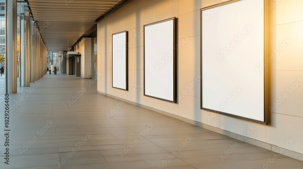 Obraz premium Contemporary building interior with sunlit empty frames, ideal for mockup designs