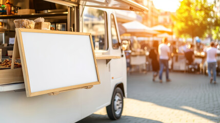 White food truck showcases an empty menu amidst a bustling street food market in the golden sunlight