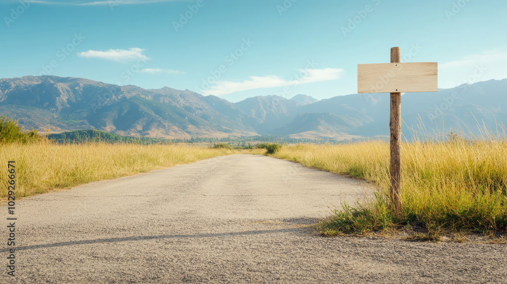 Empty wooden sign stands by a deserted country road, offering space for your message with a backdrop of mountains in the distance Empty wooden sign stands by a deserted country road, offering space for your message with a backdrop of mountains in the distance