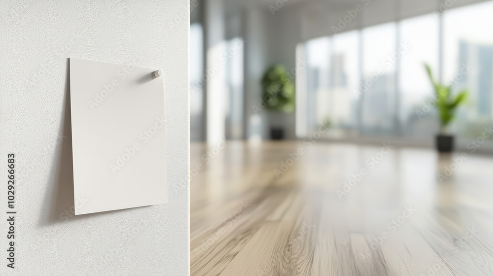 White blank flyer or poster pinned to a wall with a thumbtack, with a blurred office background for text placement White blank flyer or poster pinned to a wall with a thumbtack, with a blurred office background for text placement