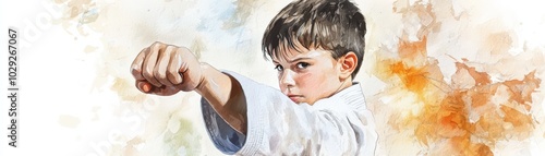 Boy practicing martial arts with determination and focus.