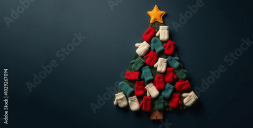 Top view decorative Christmas tree made of mittens of different colors, on ver. Monochrome dark green background, copy space. Creative concept, advertising banner, card photo