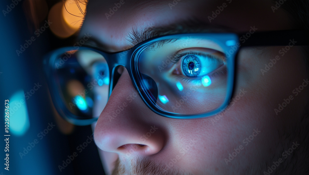 A close-up of the face and glasses of a Caucasian man, with a focused expression as he reads from his computer screen in low light. The scene is set at night, A close-up of the face and glasses of a Caucasian man, with a focused expression as he reads from his computer screen in low light. The scene is set at night,