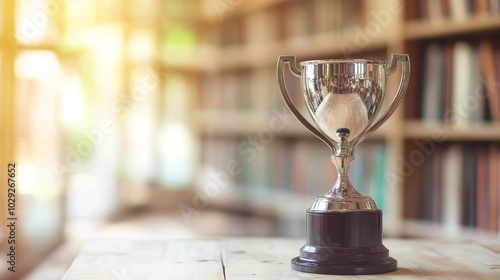 Prestigious Literature Award Trophy on Wooden Desk, Illuminated by Soft Light, Surrounded by Bookshelves. photo