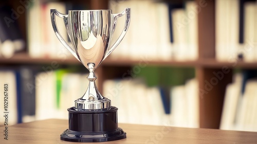 Prestigious Literature Award Trophy on Wooden Desk, Illuminated by Soft Light, Surrounded by Bookshelves. photo