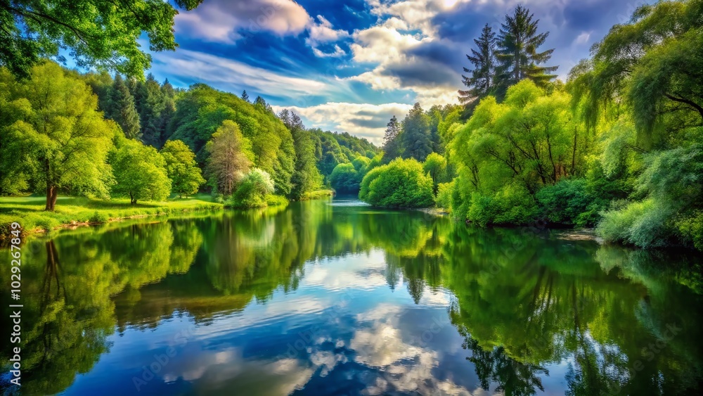 Fototapeta premium Tranquil Summer Landscape with Long Exposure Forest Pond Reflection