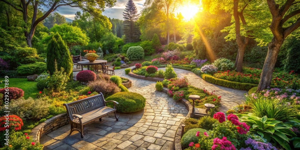 Obraz premium Tranquil Stone Path in a Serene Public Garden: Aerial Drone Photography for Nature Lovers