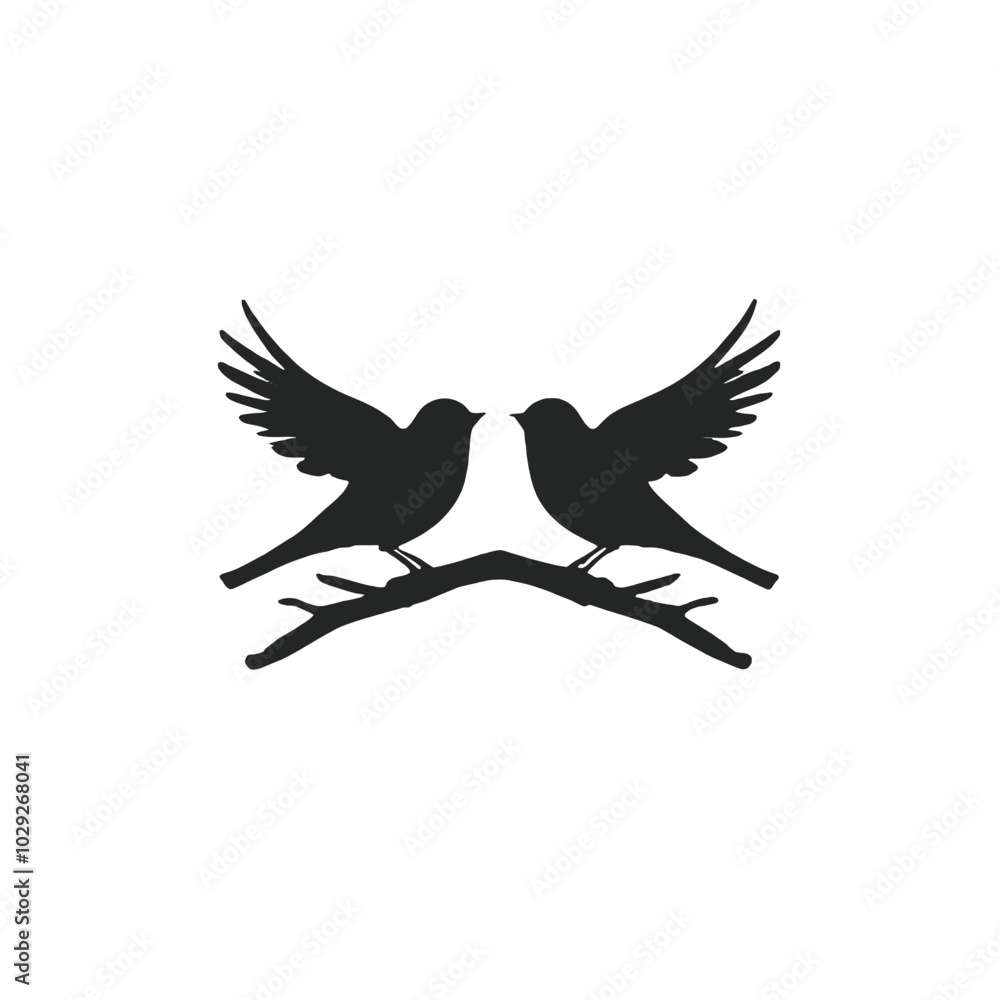 Obraz premium Two black silhouette birds with wings spread, perched on a branch