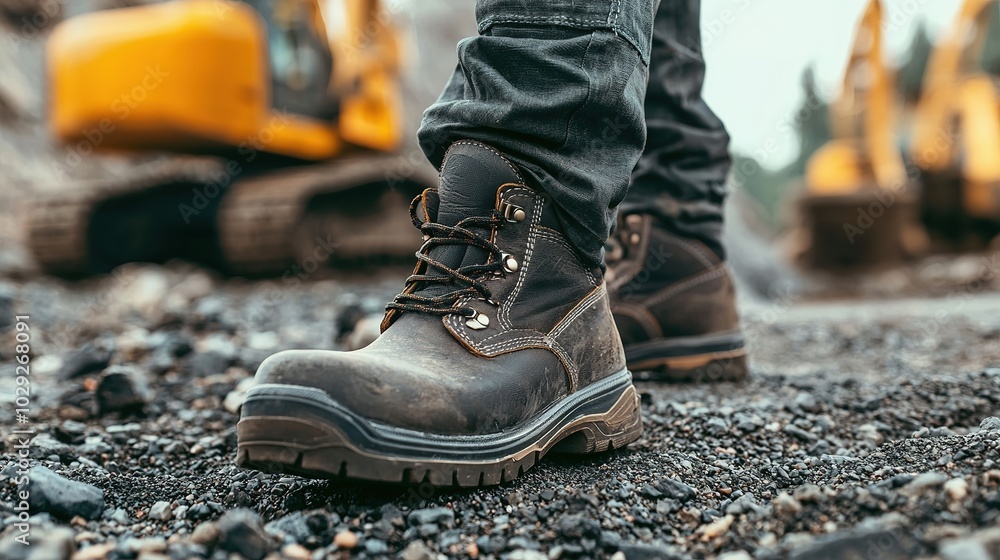A close-up of a rugged work boot on a gravel surface, with construction machinery blurred in the background, highlighting durability and functionality. A close-up of a rugged work boot on a gravel surface, with construction machinery blurred in the background, highlighting durability and functionality.