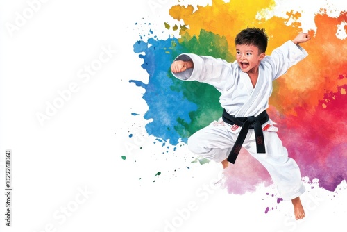 Energetic child in karate uniform on watercolor splash background.