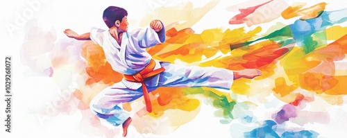 Dynamic karate action, colorful splash background