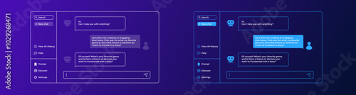 Chatting with artificial intelligence. Chat bot user interface in blue dark style with messages.