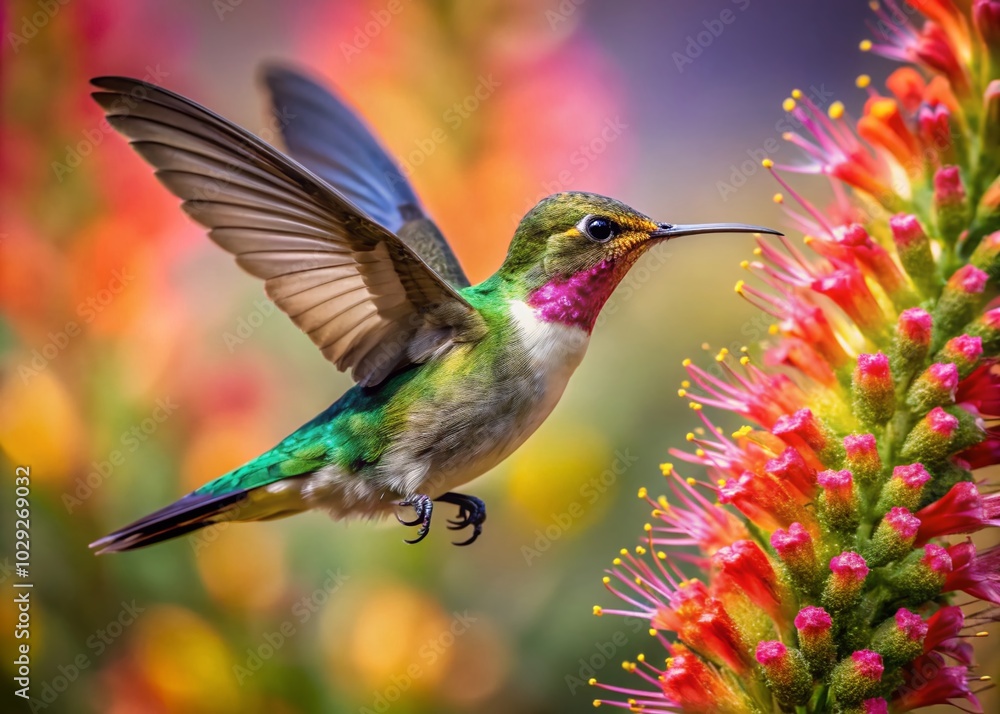 Costas Hummingbird in Flight Feeding on Candelilla Bloom - Macro Photography Costas Hummingbird in Flight Feeding on Candelilla Bloom - Macro Photography