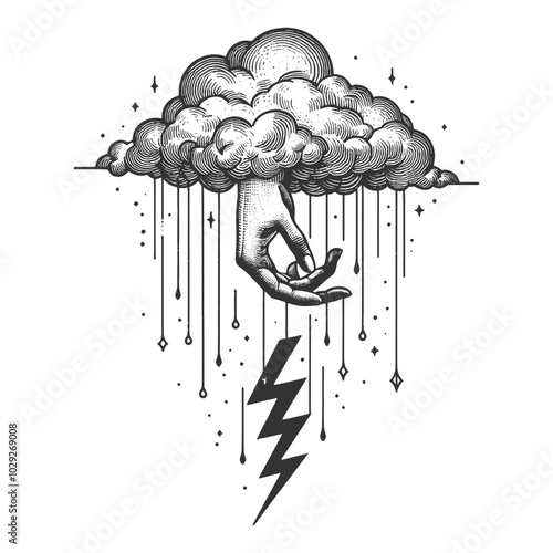 Hand of God sends lightning from sky cloud engraving generative ai vector illustration. Scratch board style imitation. Black and white hand drawn image. 