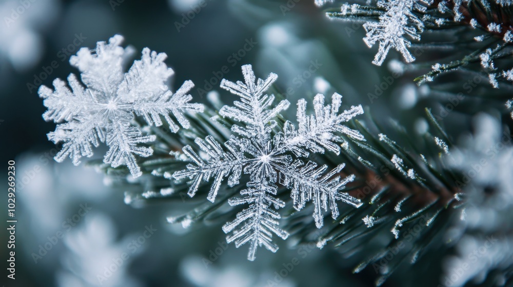 A close-up of snowflakes on a pine tree branch, softly illuminated by natural light A close-up of snowflakes on a pine tree branch, softly illuminated by natural light