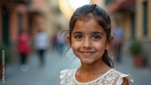Joyful young Arab girl with long hair smiling on a bustling city street during golden hour