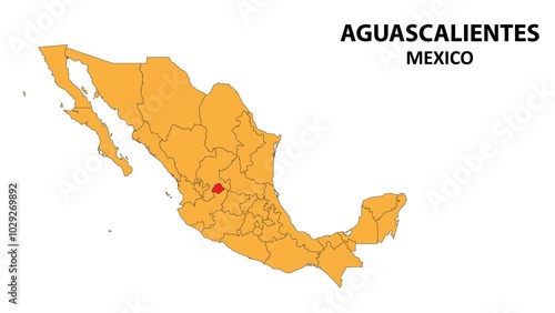 Fotografie Aguascalientes Map is highlighted on the Mexico map with detailed state and region outlines