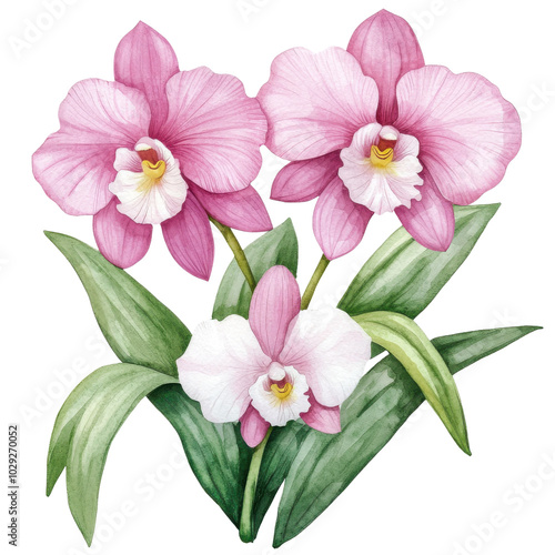 PNG watercolor orchid flowers in pink and white, isolated on white background.