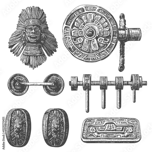 Engraved Aztec Art Collection with Masks Wheels and Other Ornaments