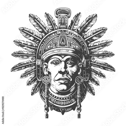 Engraved Illustration of an Indigenous Person Wearing a Feather Headdress