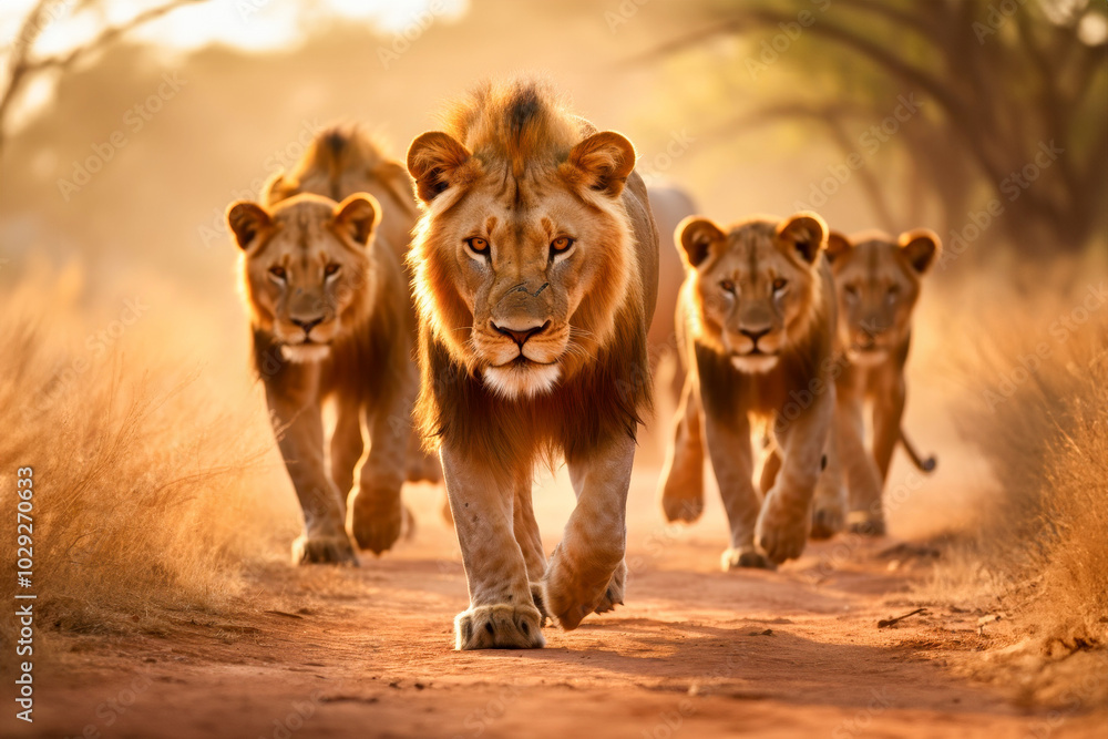 Group of lions walks through Africa Group of lions walks through Africa