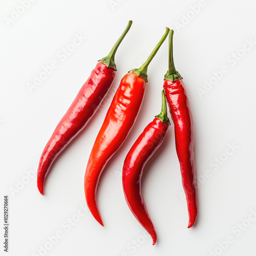 Isolated hot chili peppers on a plain white surface