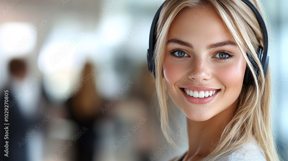 Smiling woman with headphones in customer service setting, exuding positivity and approachability. Her friendly demeanor enhances welcoming atmosphere Smiling woman with headphones in customer service setting, exuding positivity and approachability. Her friendly demeanor enhances welcoming atmosphere