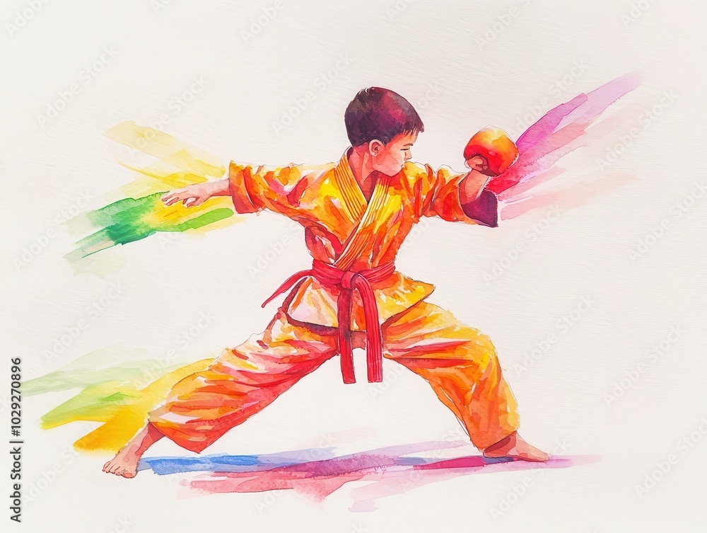 Obraz premium Boy practicing martial arts in colorful uniform, white background