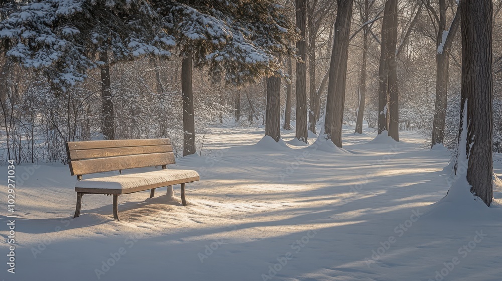 A snow-covered bench in a quiet park, with soft light filtering through the trees A snow-covered bench in a quiet park, with soft light filtering through the trees