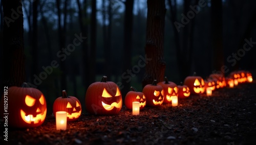 Lit Jack-o'-Lanterns at the Edge of a Dark Forest with a Twilight Sky