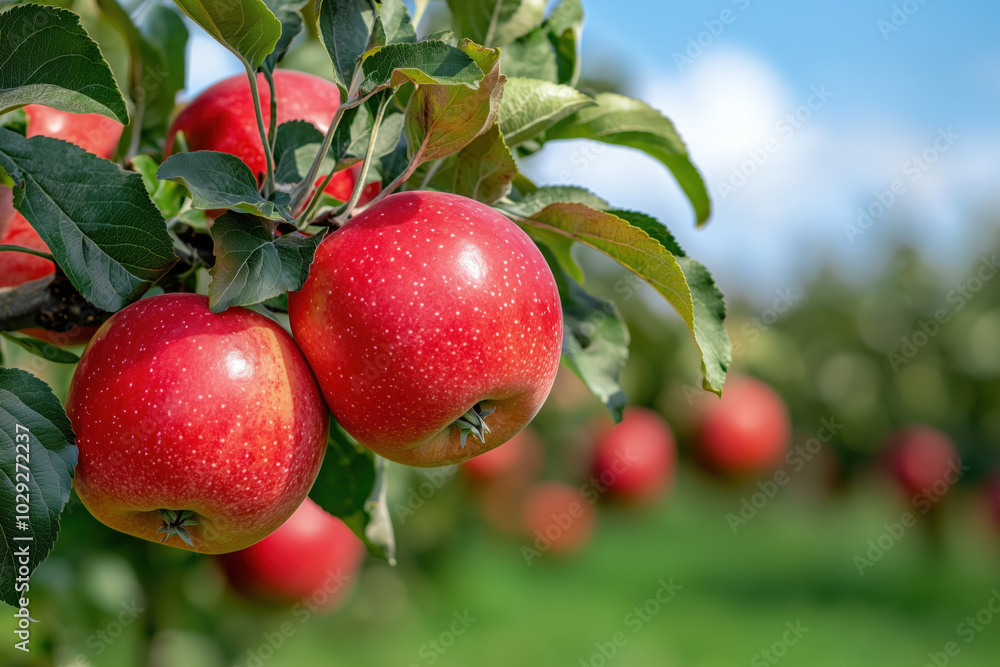 Ripe red apples hanging from tree branches Ripe red apples hanging from tree branches
