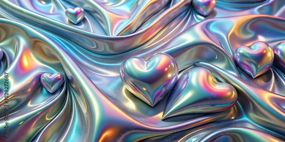 Fototapeta premium A vibrant and fluid scene features metallic hearts resting on a swirling surface with iridescent colors. Light reflects off the smooth contours, creating a sense of depth and movement. AI generated.