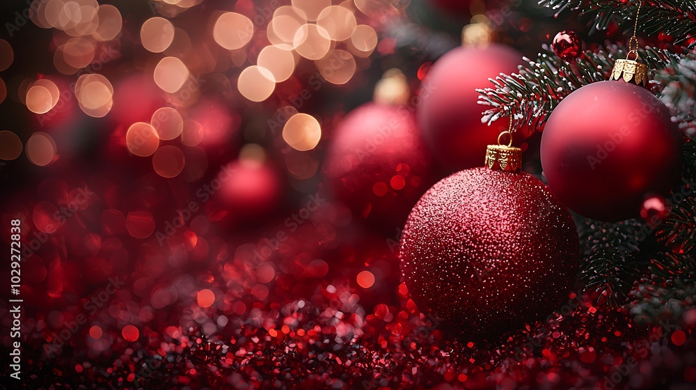 Red Christmas ornaments with bokeh lights and glitter. Red Christmas ornaments with bokeh lights and glitter.