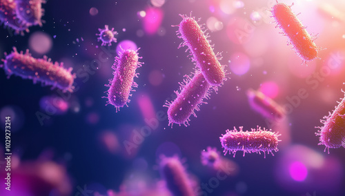 3D render of a close-up view of vibrant violet and pink bacteria in the background.