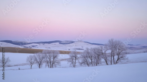 A winter landscape with snow-covered hills, softly lit by the fading light of sunset