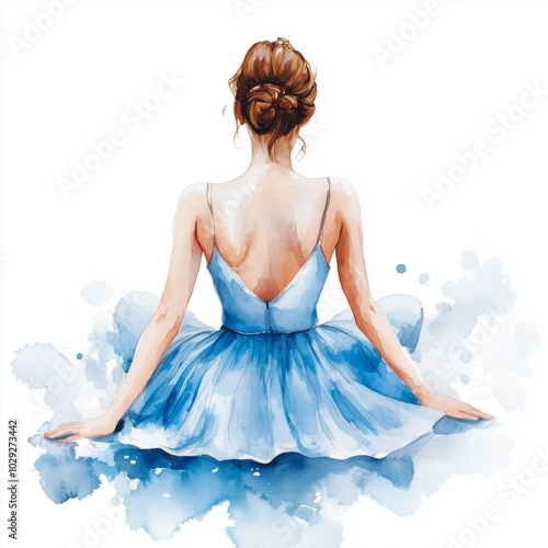Watercolor illustration of a ballerina in a blue dress