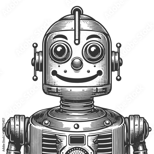 smiling vintage robot with large eyes, drawn in a classic engraving style sketch engraving generative ai vector illustration. Scratch board imitation. Black and white image.