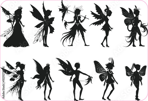Cartoon magic fairy tale little fairies silhouettes. Magical little fairies girls flying with butterflies illustration set. Fantasy pixie creatures.