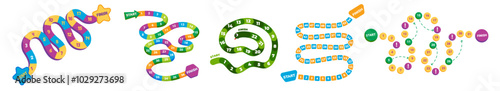 Set if board games for kid in colorful cartoon style. Snake platform game with numbers.